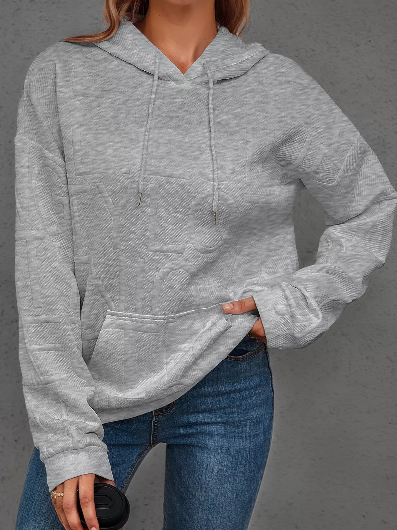 Sarah Express Women's Textured Embossed Long Sleeve Hoodie Plus Size