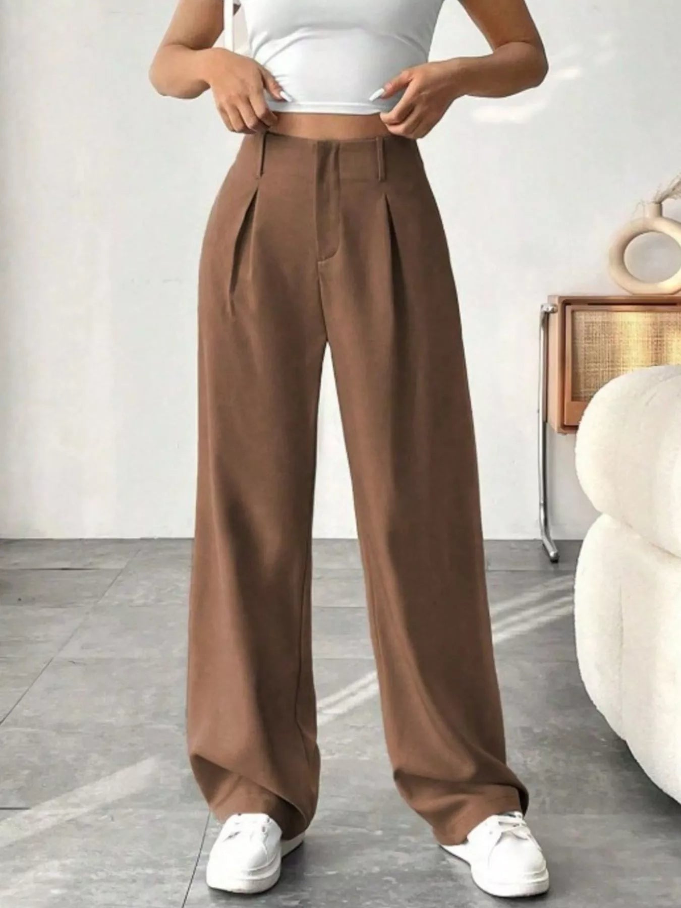 Sarah Express Women's Wide Leg Pleated Pants with Pockets Camel