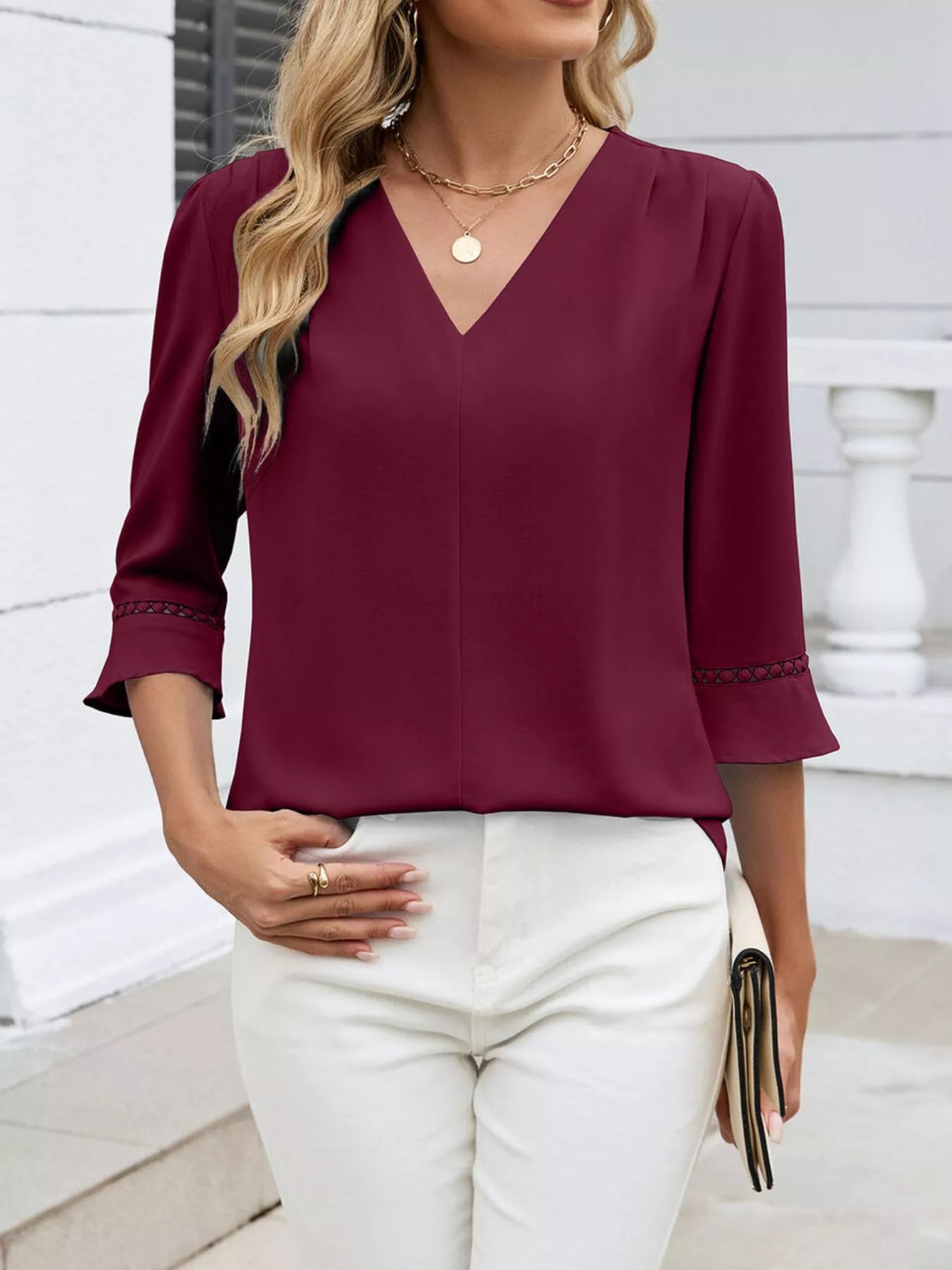 Sarah Express Women's V-Neck 3/4 Sleeve Blouse with Lace Detail Wine Red