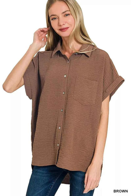 Sarah Express Women's Woven Airflow Button Down Shirt - Lightweight Breathable Top BROWN