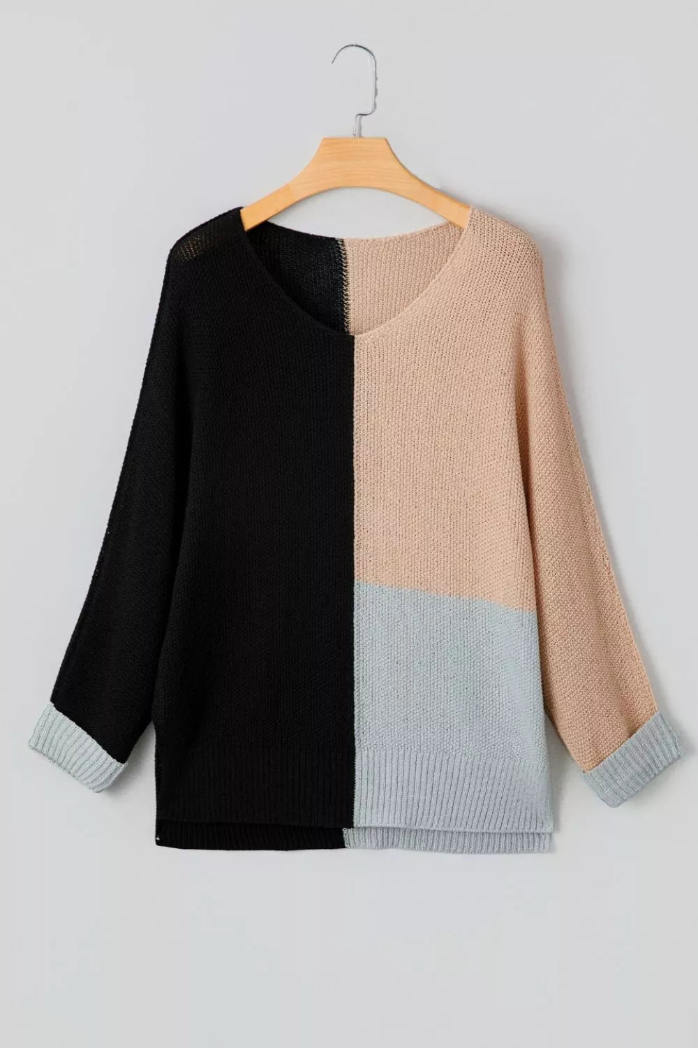 Sarah Express Women's Color Block Knit V Neck Loose Sweater - Ribbed Oversized Pullover