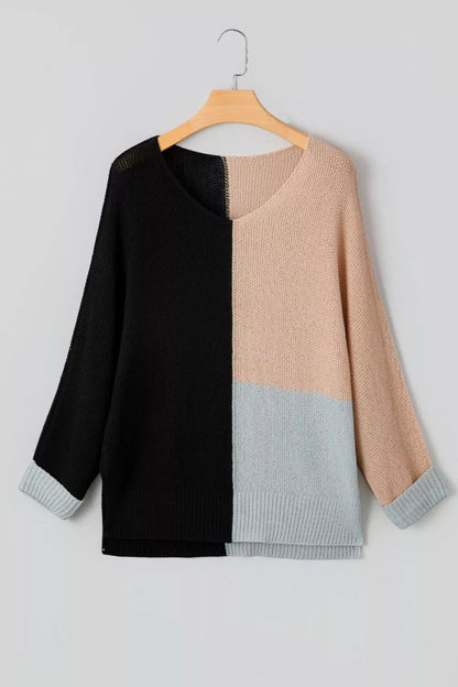 Sarah Express Women's Color Block Knit V Neck Loose Sweater - Ribbed Oversized Pullover