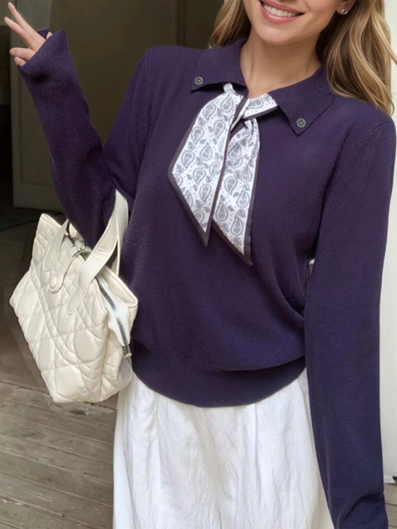 Sarah Express Women's Scarf-Accented Long Sleeve Sweater Dark Navy One Size