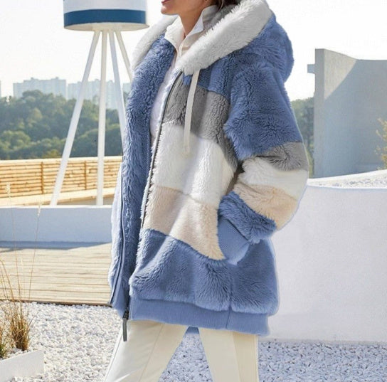 Women's Patchwork Hooded Short Jacket Plaid Grid Pattern Loose Fit Outerwear | Sarah Express