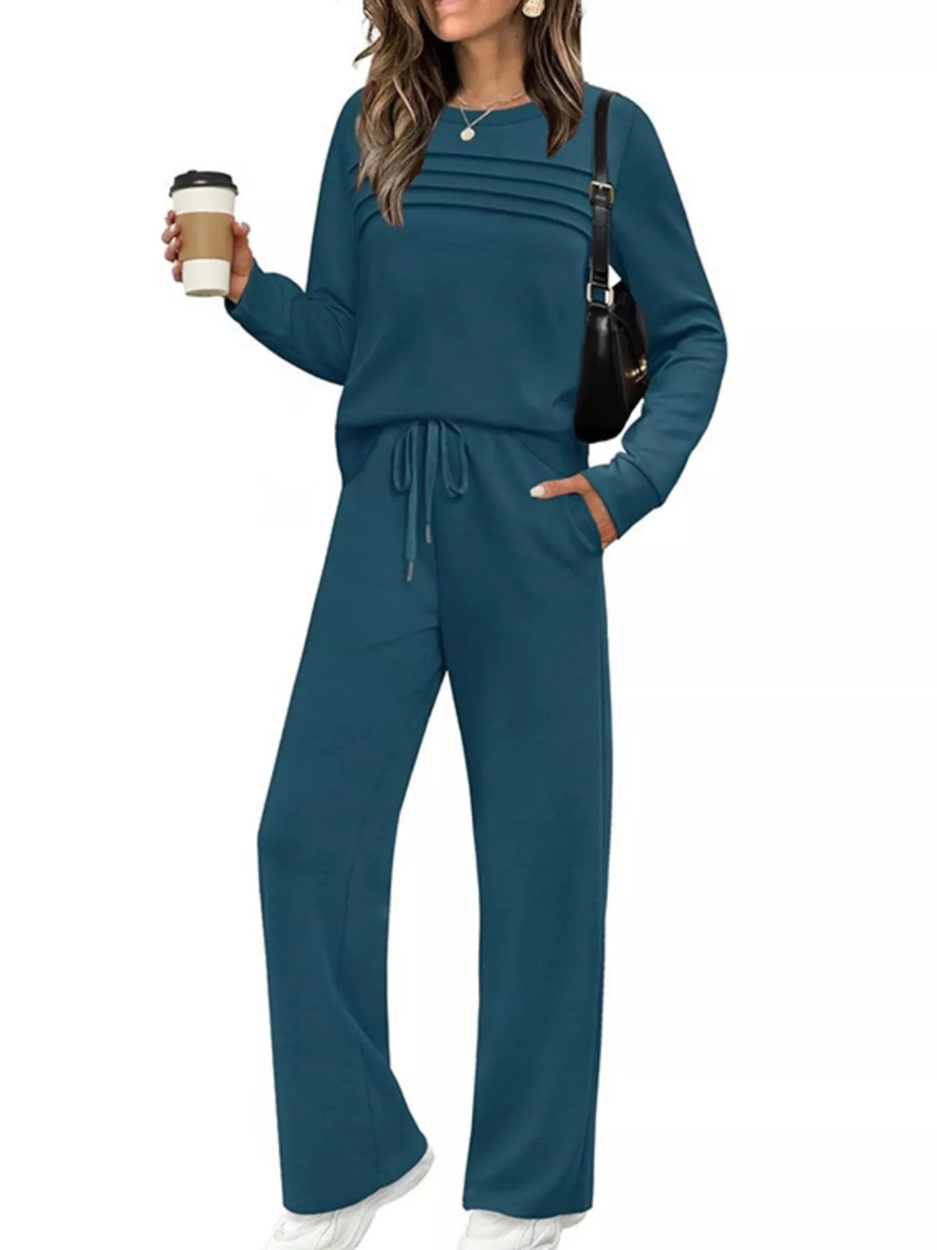 Sarah Express Women's Plus Size Round Neck Long Sleeve Top and Pants Lounge Set - Two Piece Peacock Green