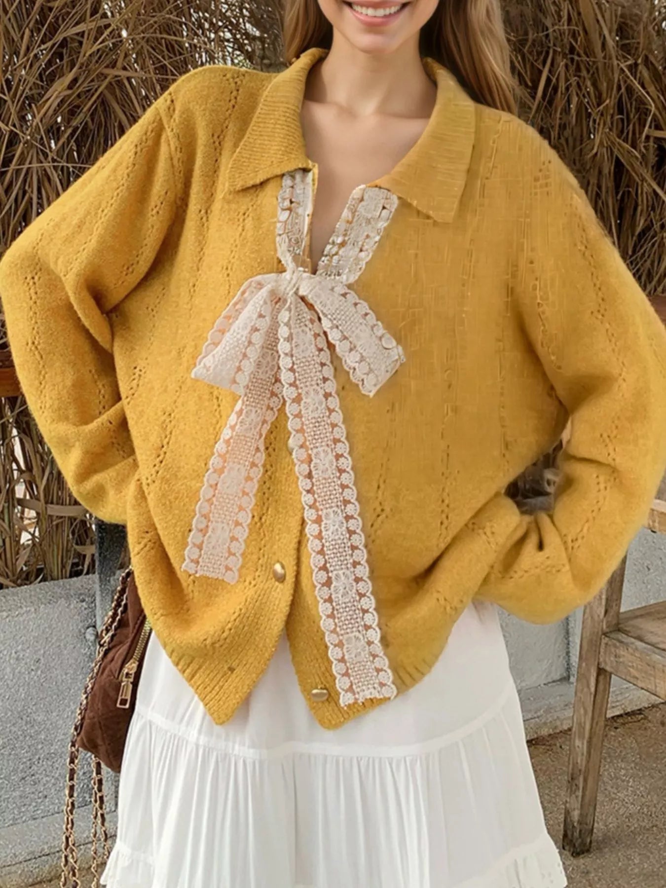 Sarah Express Women's Lace Tie Button Up Cardigan Gold One Size