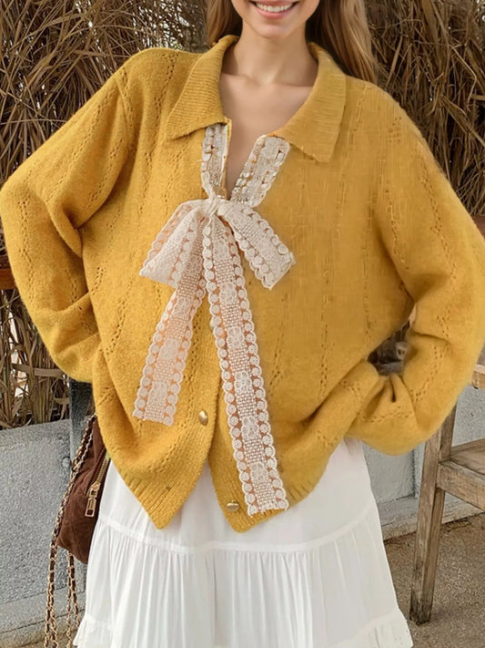 Sarah Express Women's Lace Tie Button Up Cardigan Gold One Size