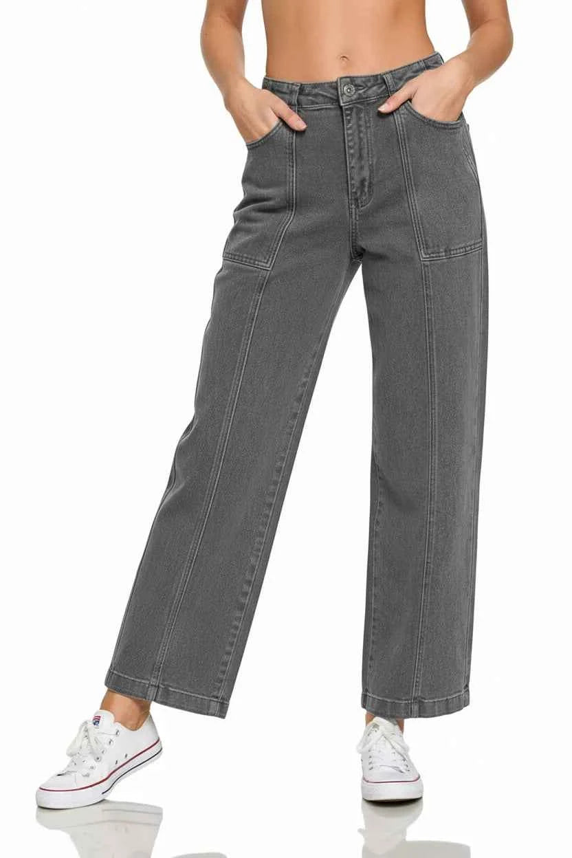 Sarah Express Women's Straight Leg Utility Pocket Jeans - High Waist Denim Pants
