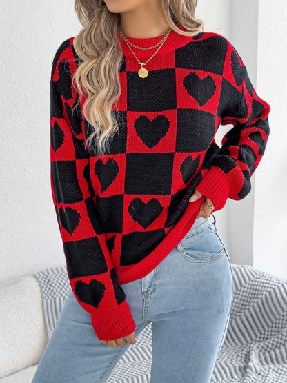 Sarah Express Women's Color-Blocked Plaid Heart Lantern Sleeve Pullover Sweater