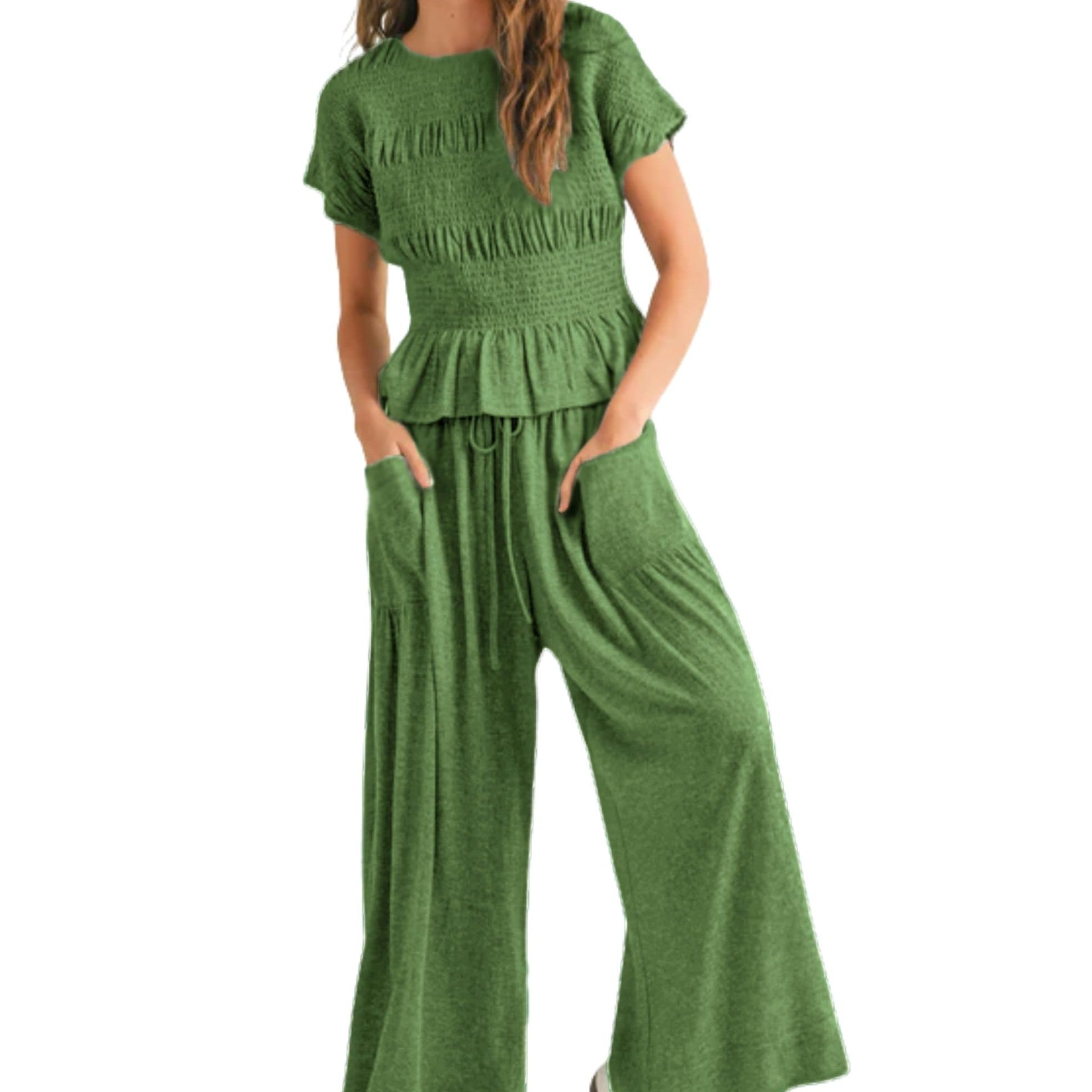 Sarah Express Pleated Top Wide Leg Pants 2-Piece Matching Set