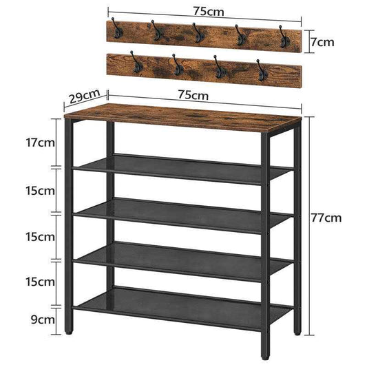 Sarah Express 4-Tier Rustic Shoe Rack with Coat Hooks - Wooden Entryway Organizer with Storage Shelf