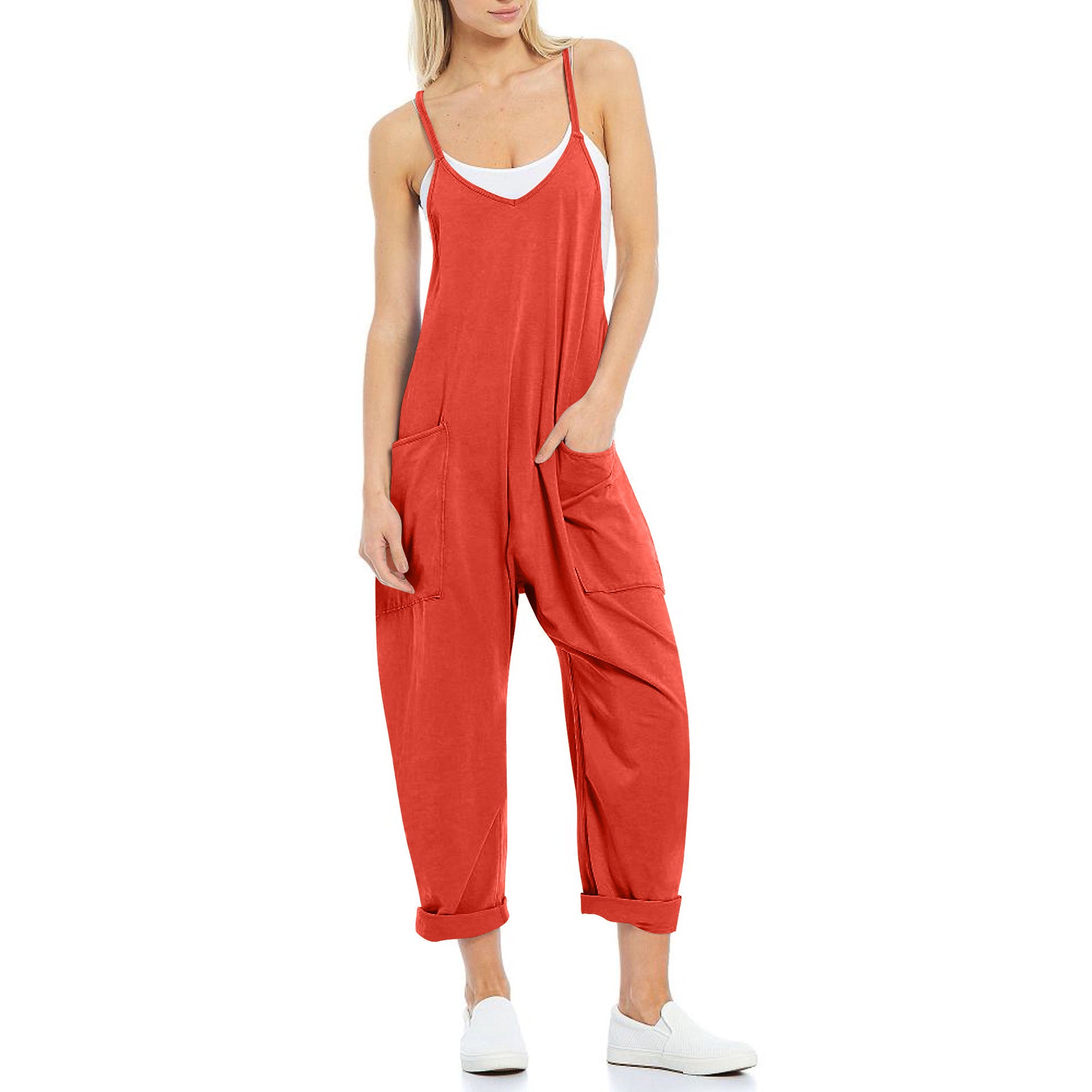 Sarah Express Women's Knitted Spaghetti Strap Jumpsuit - Loose Fit Wide Leg Overalls with Pockets