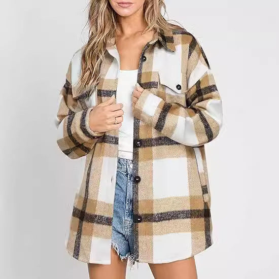 Sarah Express Women's Plaid Buckle Jacket - Loose Fit Long Sleeve Shacket Coat