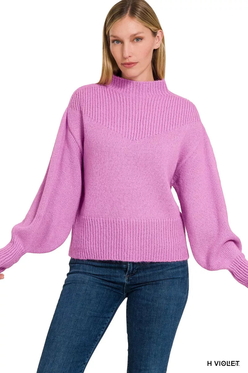 Sarah Express Women's Balloon Sleeve Mock Neck Sweater H MAUVE