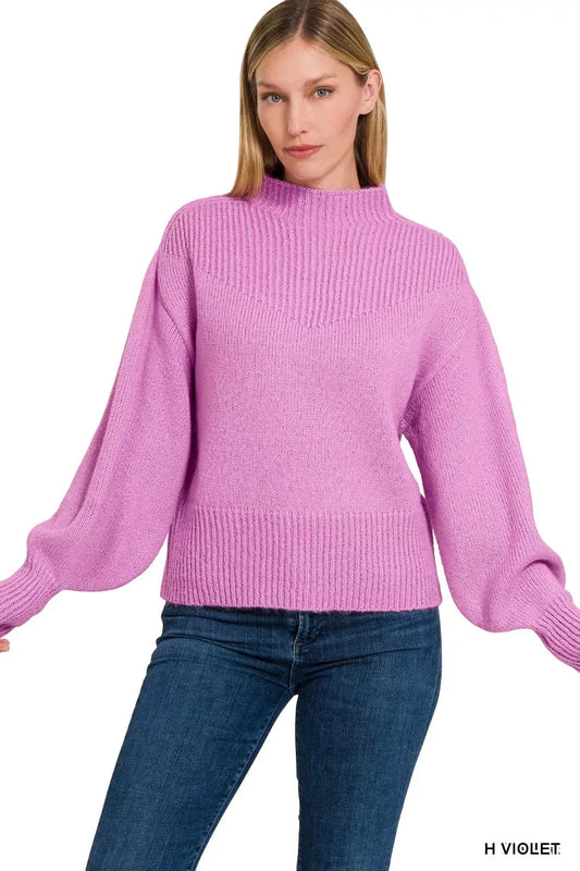 Sarah Express Women's Balloon Sleeve Mock Neck Sweater H MAUVE