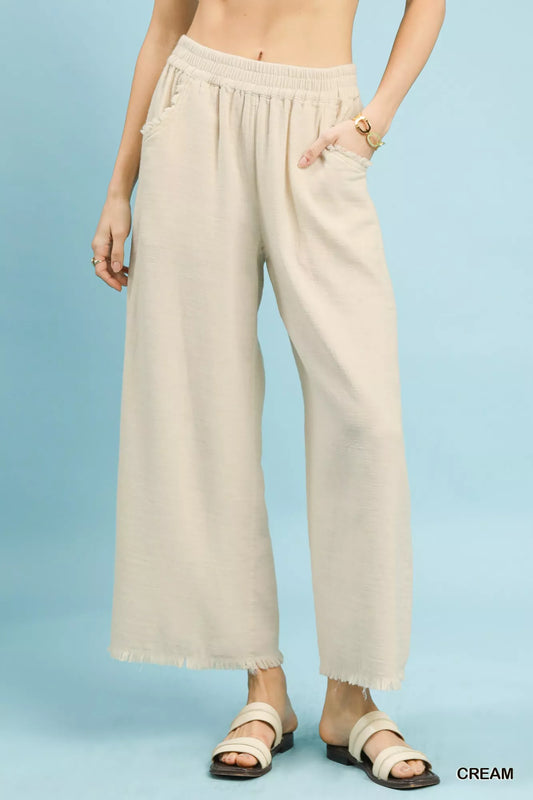 Sarah Express Women's Wide Leg Pants with Frayed Hem and Pockets CREAM