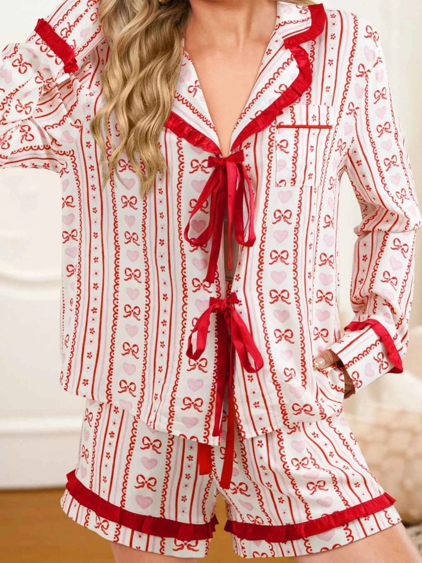 Sarah Express Women's Floral Heart Bow Print Long Sleeve Pajama Set - Two Piece Sleepwear