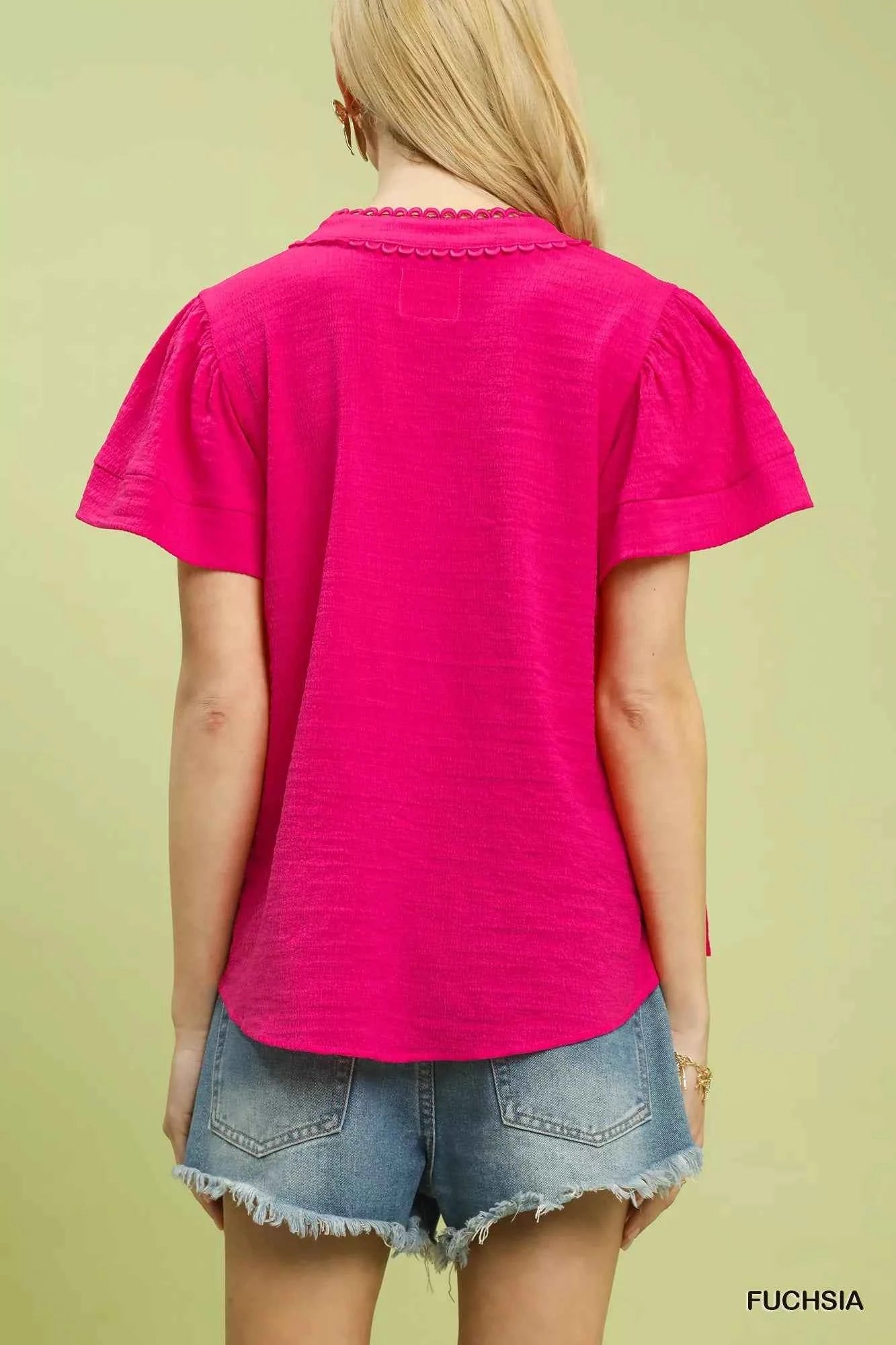 Sarah Express Women's Seersucker Lace Trim Top - Short Sleeve V-Neck Blouse