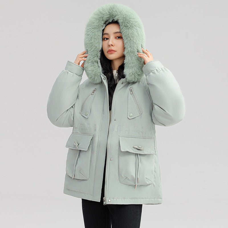 Sarah Express Women's Horn Button Parka Coat with Fur Collar Loose Fit Thick Winter Jacket