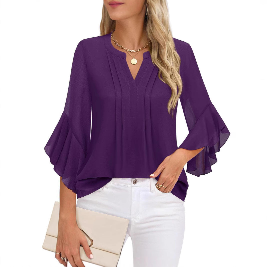 Sarah Express Women's Lotus Leaf Ruffle Sleeve Pullover Top Loose Fit 3/4 Sleeve