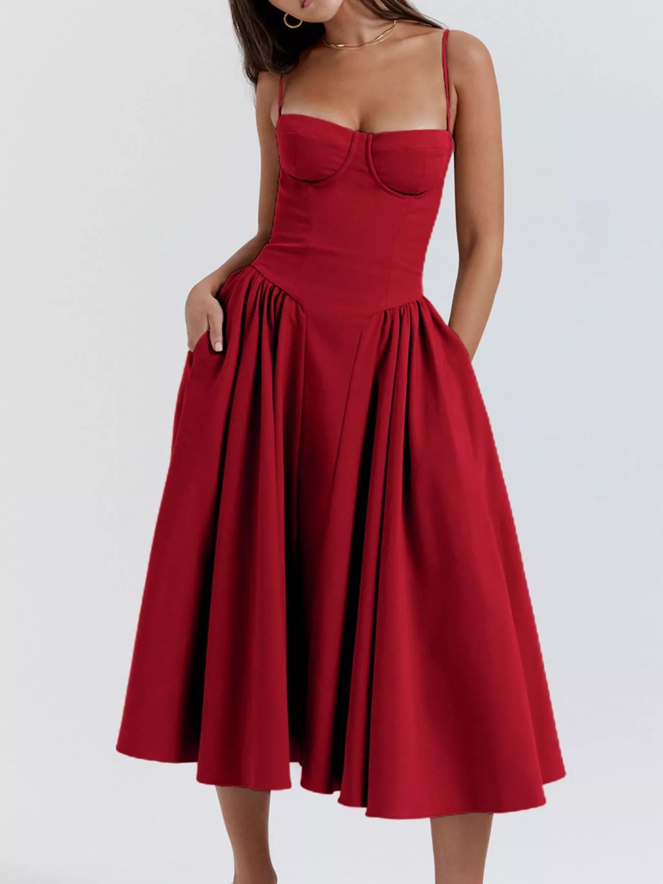 Sarah Express Women's Sweetheart Neck Midi Cami Dress with Pockets - Ruched Sleeveless Dress