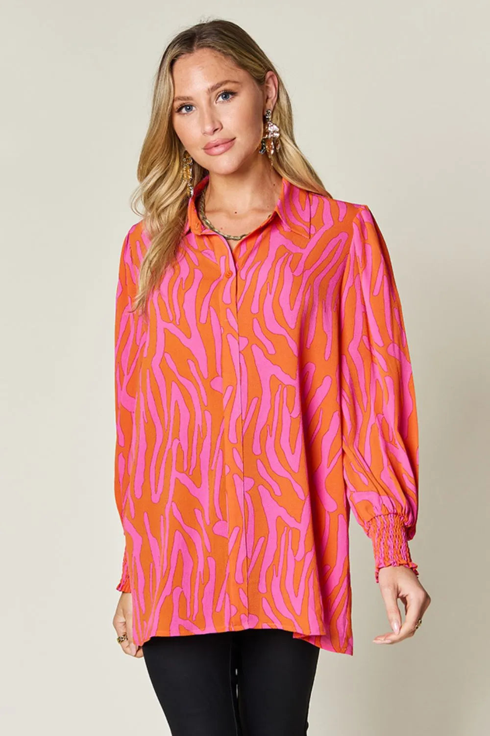 Sarah Express Women's Printed Smocked Long Sleeve Blouse Plus Size Orange