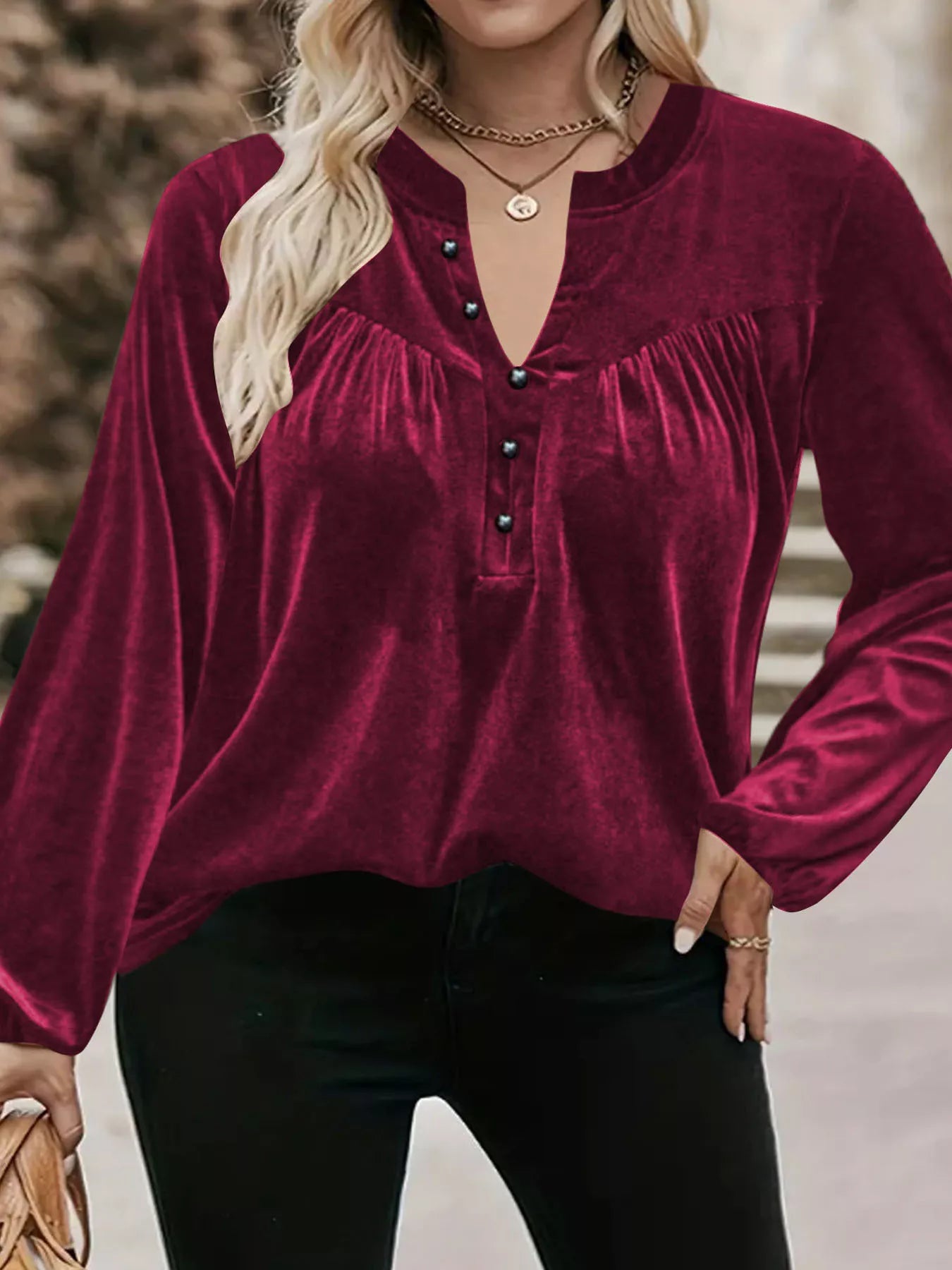 Sarah Express Women's Velvet Balloon Sleeve Blouse