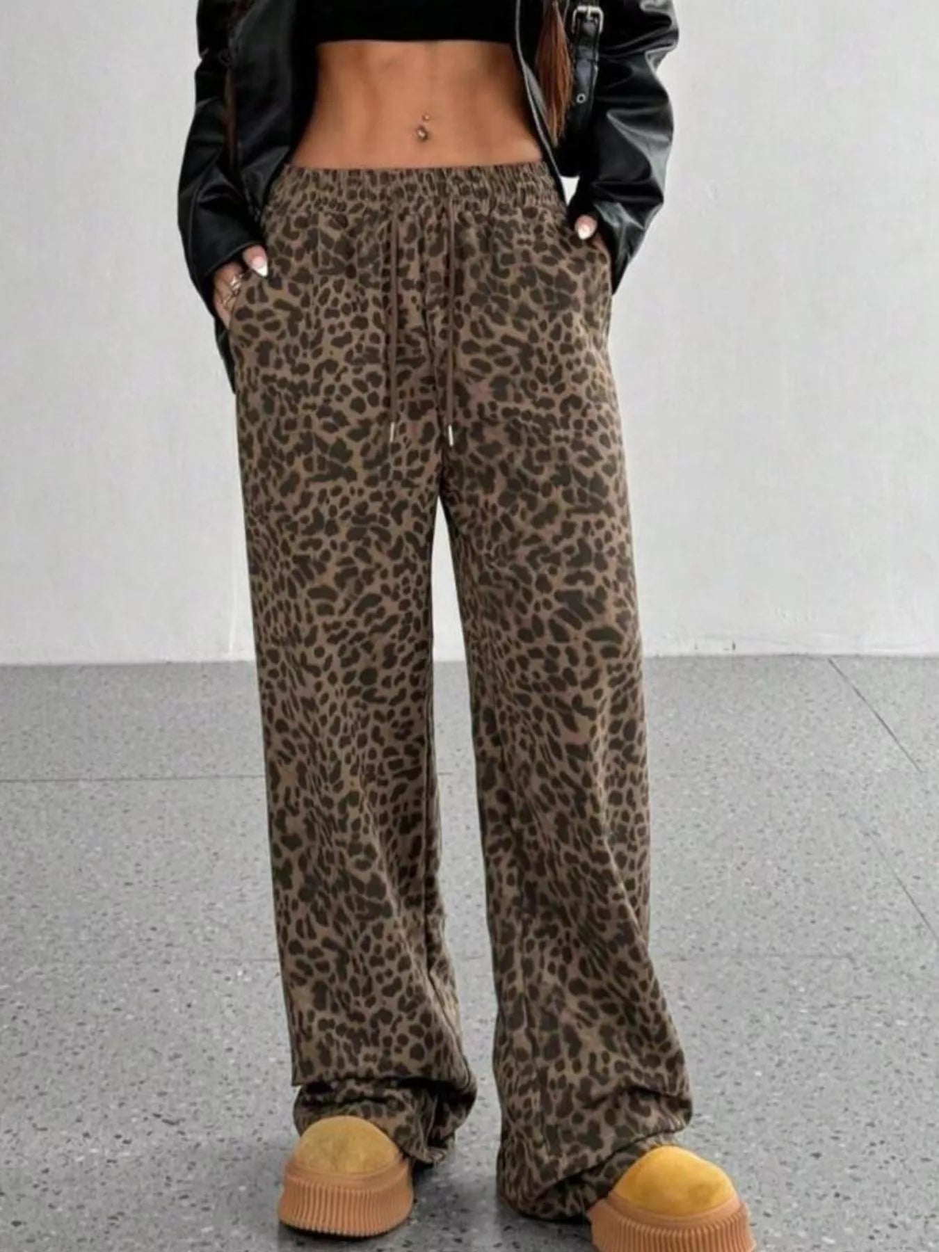 Sarah Express Women's Leopard Drawstring Wide Leg Pants
