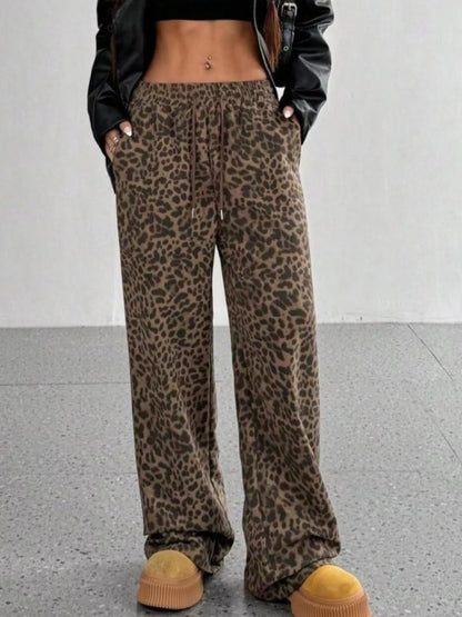 Sarah Express Women's Leopard Drawstring Wide Leg Pants