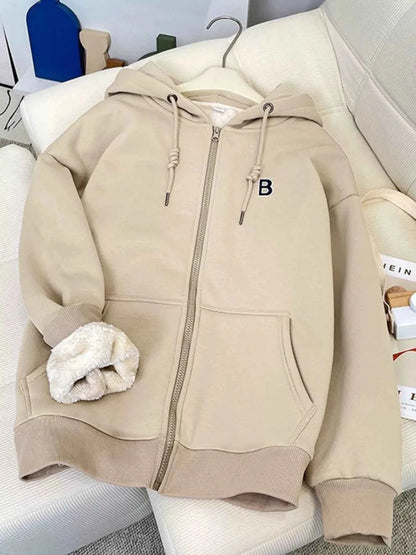 Sarah Express Women's Fleece-Lined Zip-Up Hoodie with Pockets - Drawstring Hooded Jacket Apricot