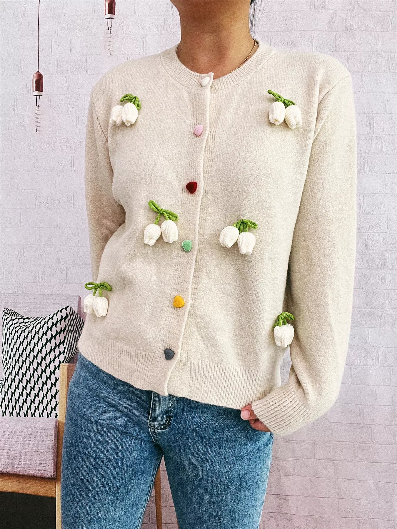 Sarah Express Women's Flower Button Up Long Sleeve Cardigan Beige One Size