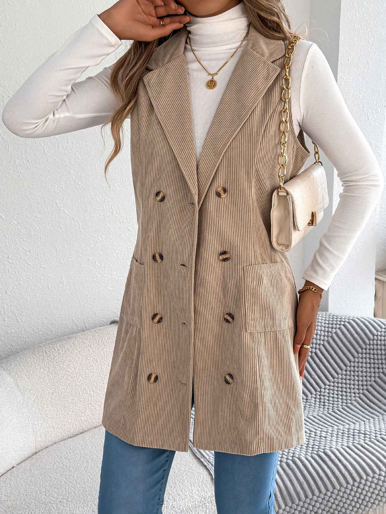 Sarah Express Women's Double-Breasted Corduroy Vest Jacket with Pockets
