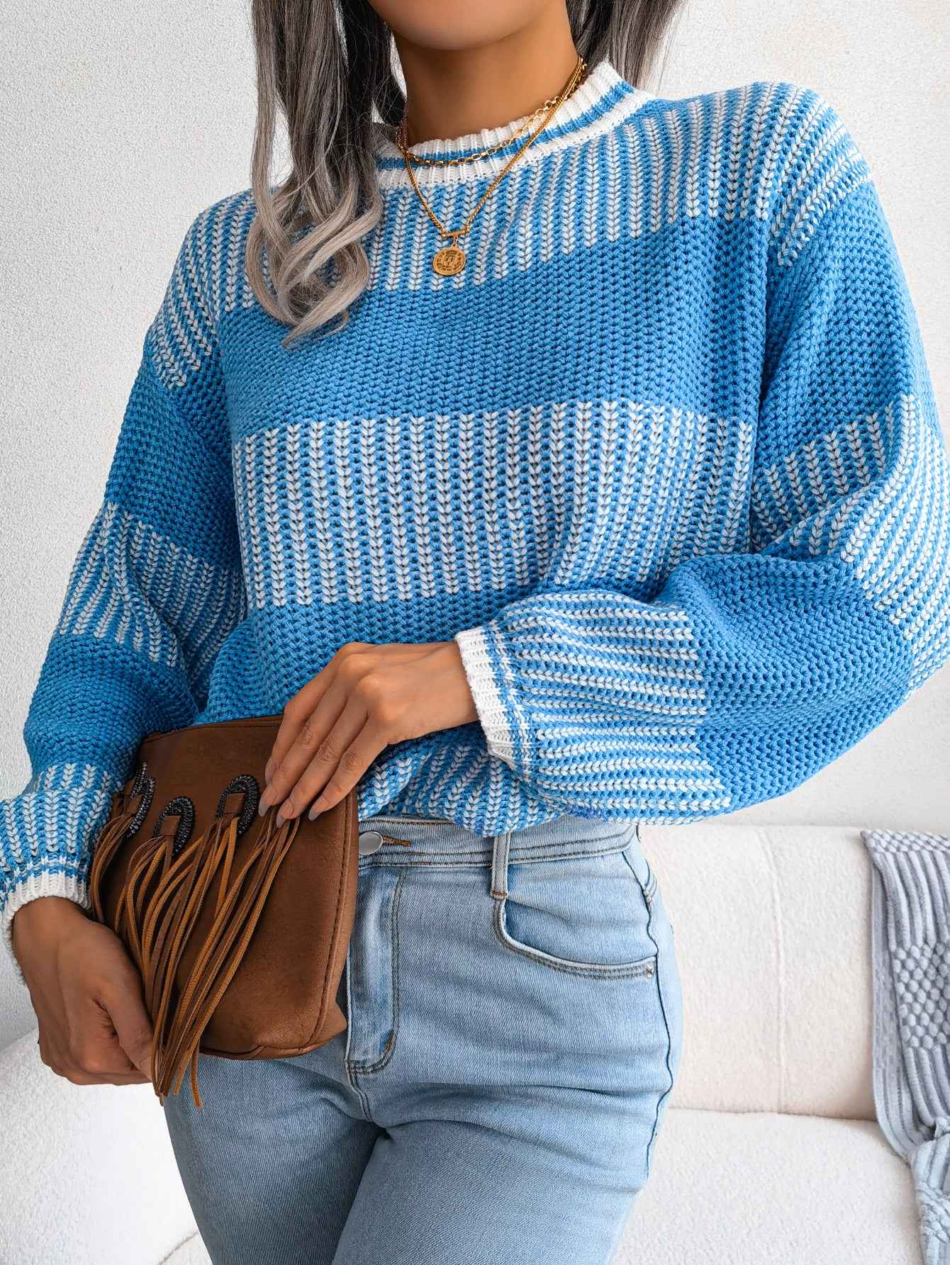 Sarah Express Women's Color Block Striped Knit Sweater - Long Sleeve Casual Pullover Blue