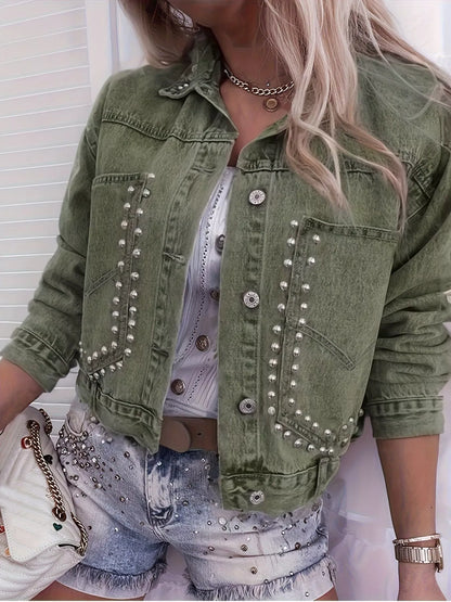 Sarah Express Women's Studded Button Up Denim Jacket Army Green