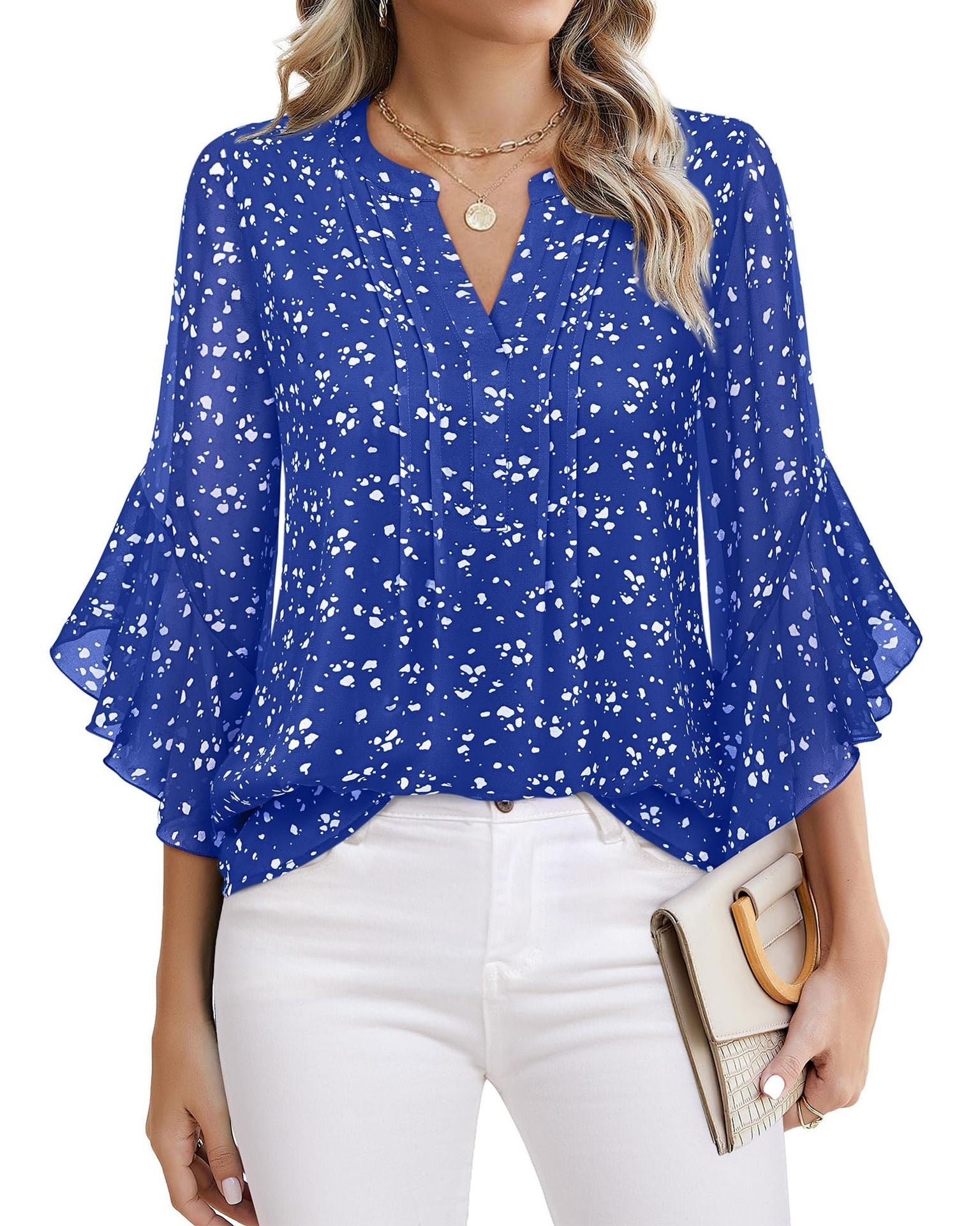 Sarah Express Women's Lotus Leaf Ruffle Sleeve Pullover Top Loose Fit 3/4 Sleeve