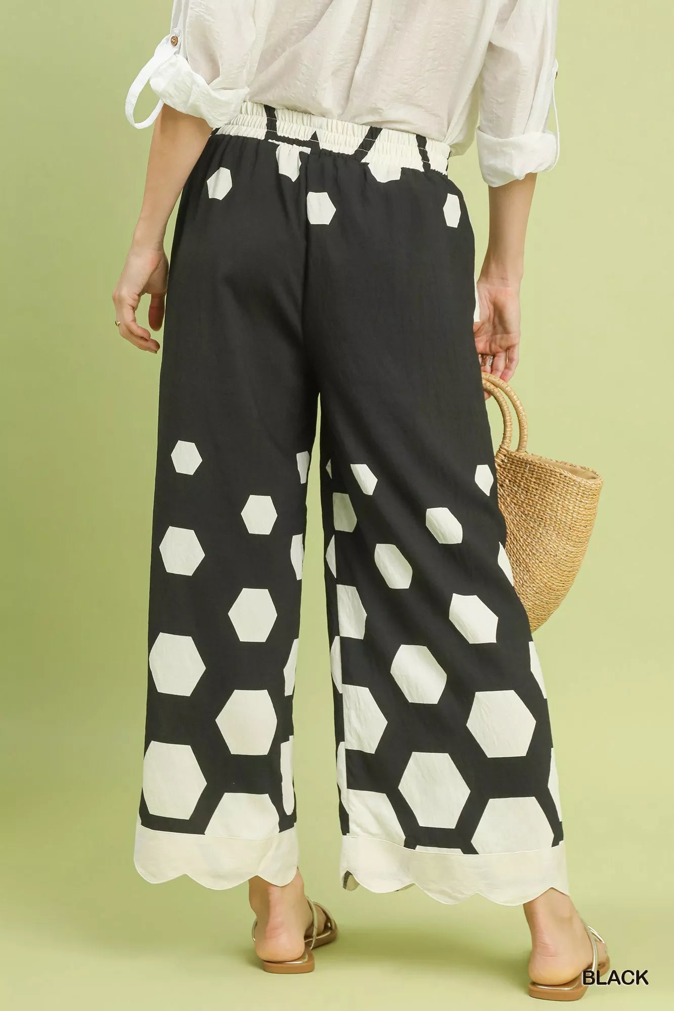 Sarah Express Women's Hexagon Print Wide Leg Pants with Scalloped Hem
