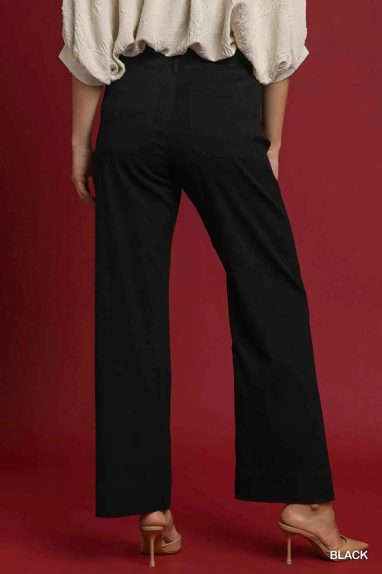 Sarah Express Women's High-Waisted Button Front Stretch Pants - Comfortable Wide Leg Trousers