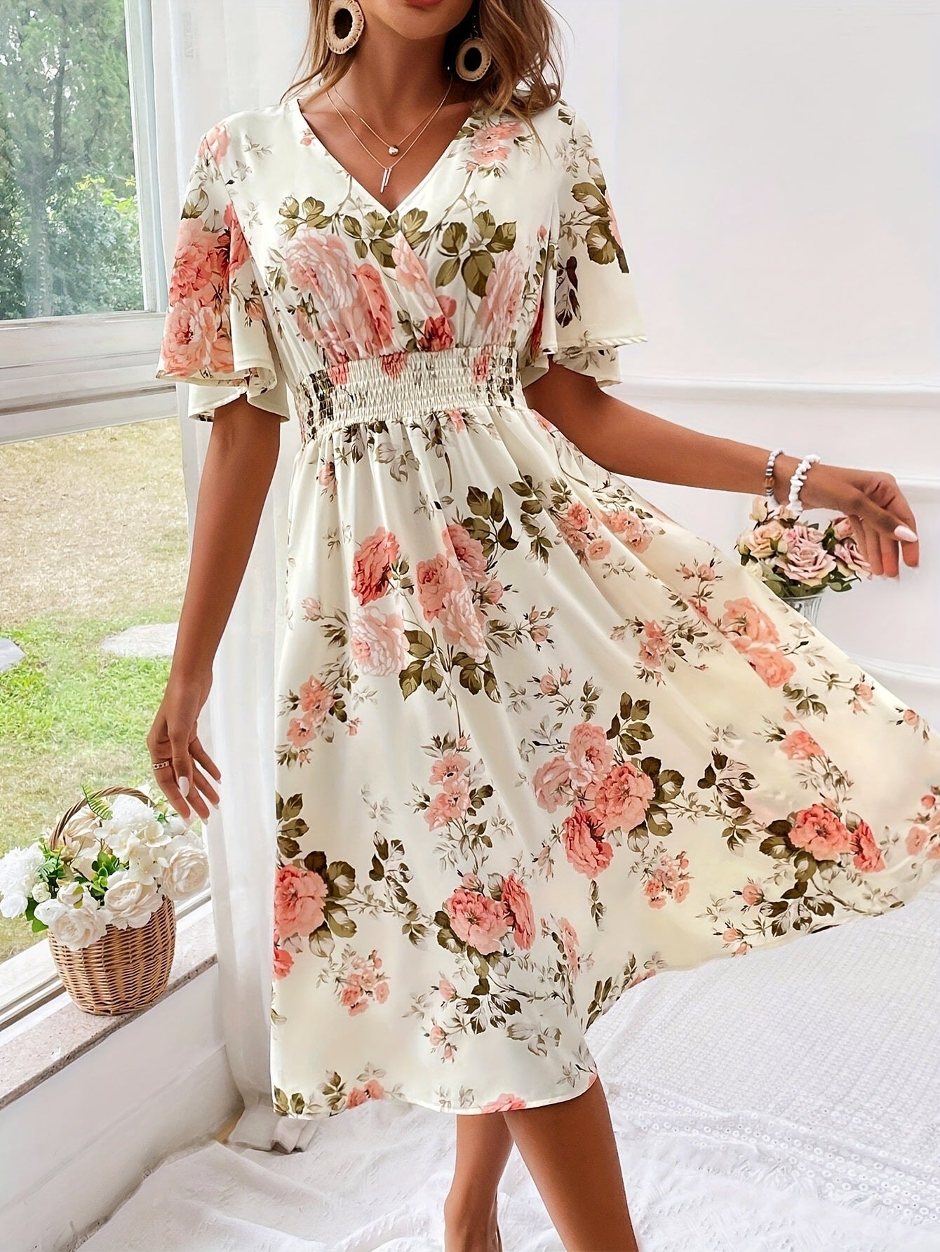 Sarah Express Women's Floral Print Smocked Waist Maxi Dress with Belt A-Line
