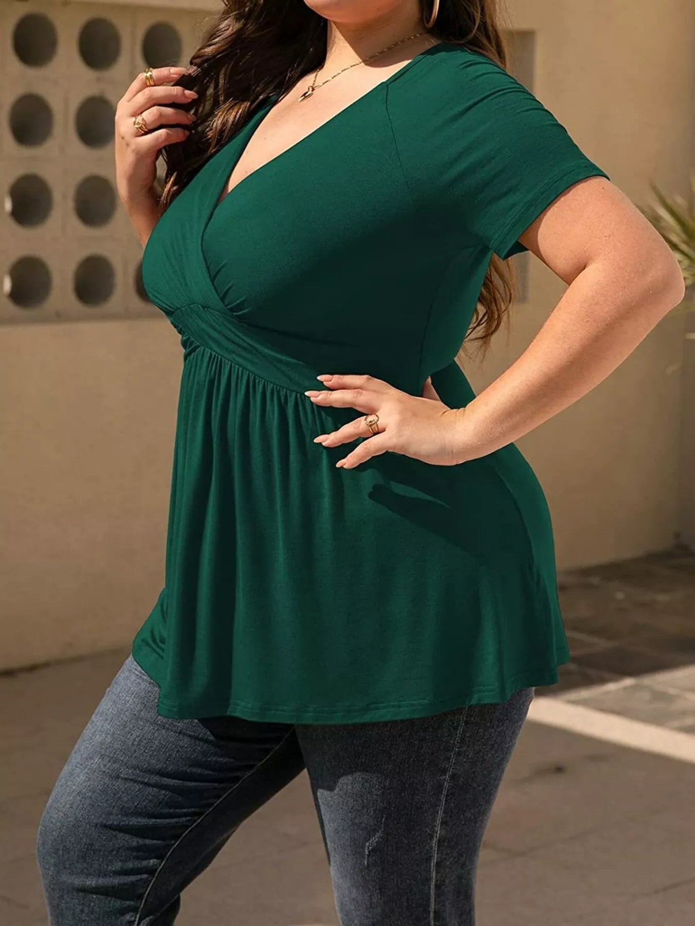 Sarah Express Women's Plus Size Surplice Short Sleeve T-Shirt Dark Green