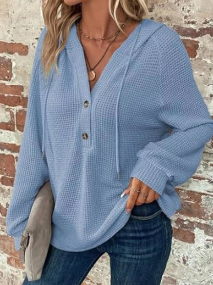 Sarah Express Women's Waffle Knit Button Detail Hoodie Sky Blue