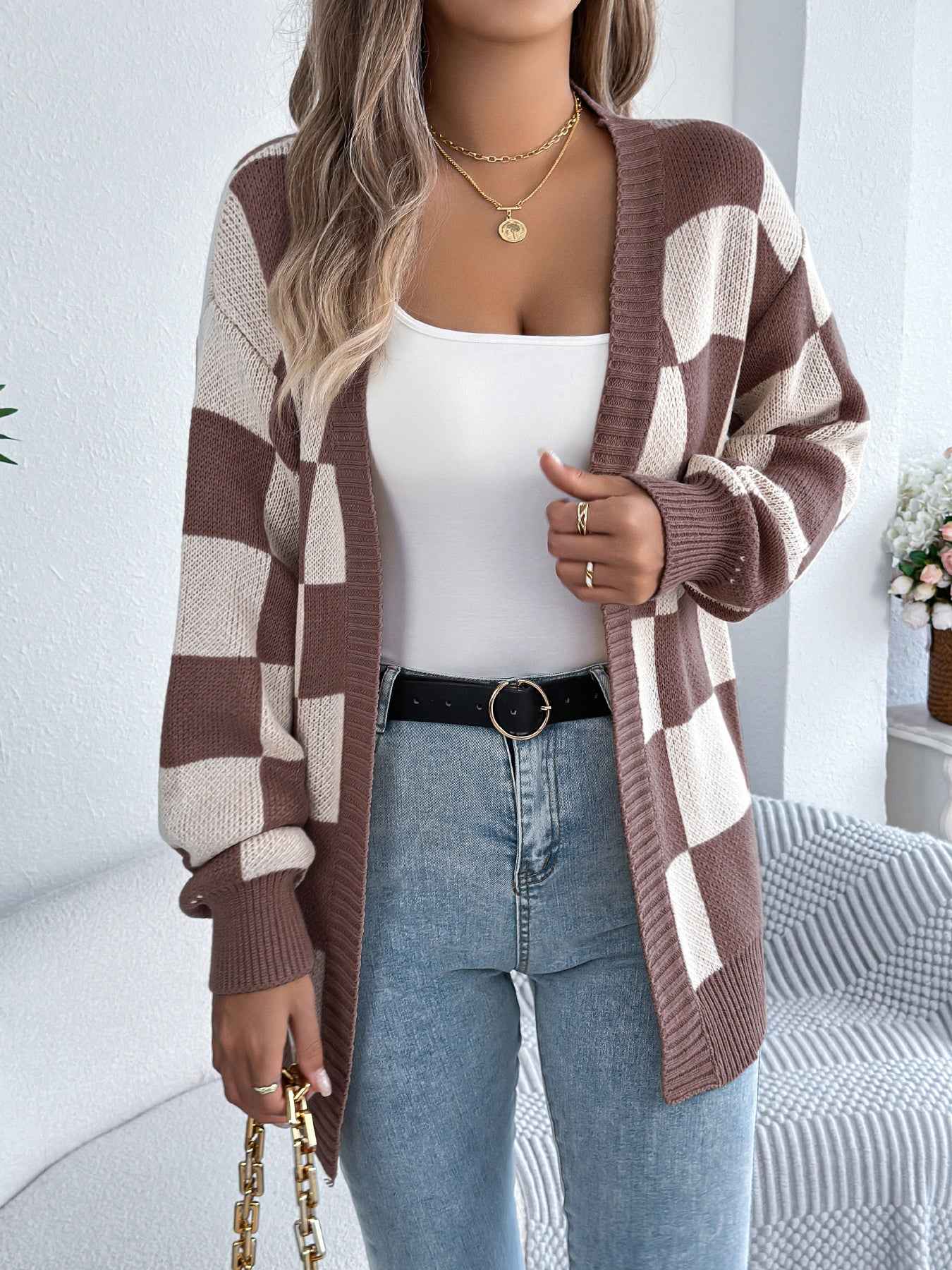 Sarah Express Women's Color Block Plaid Cardigan Sweater - Lantern Sleeve Mid-Length Knit Coat