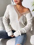Sarah Express Women's V-Neck Hollow Knit Sweater - Openwork Design