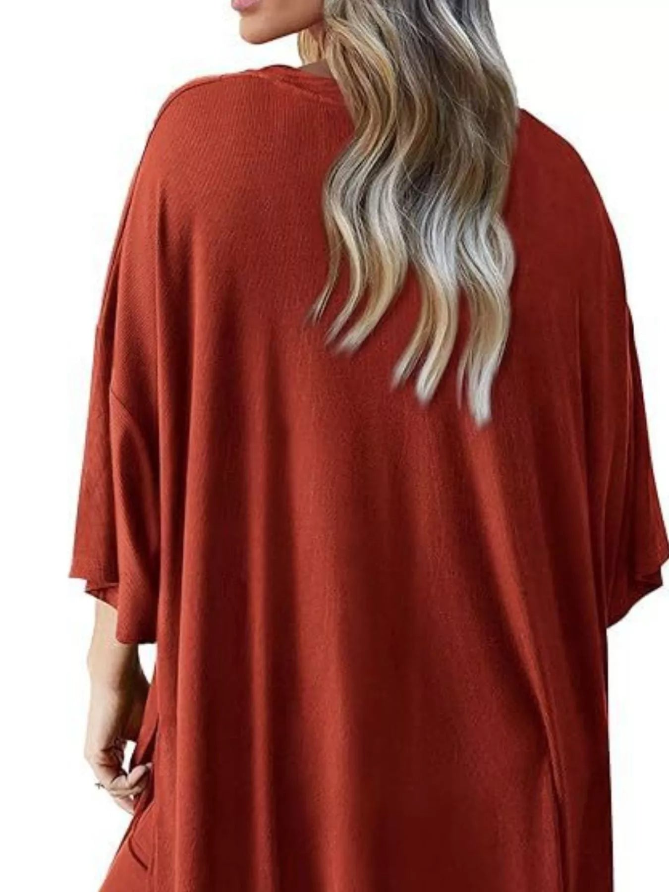 Sarah Express Women's Two Piece Slit Round Neck Top and Pants Set - Casual Loungewear Outfit