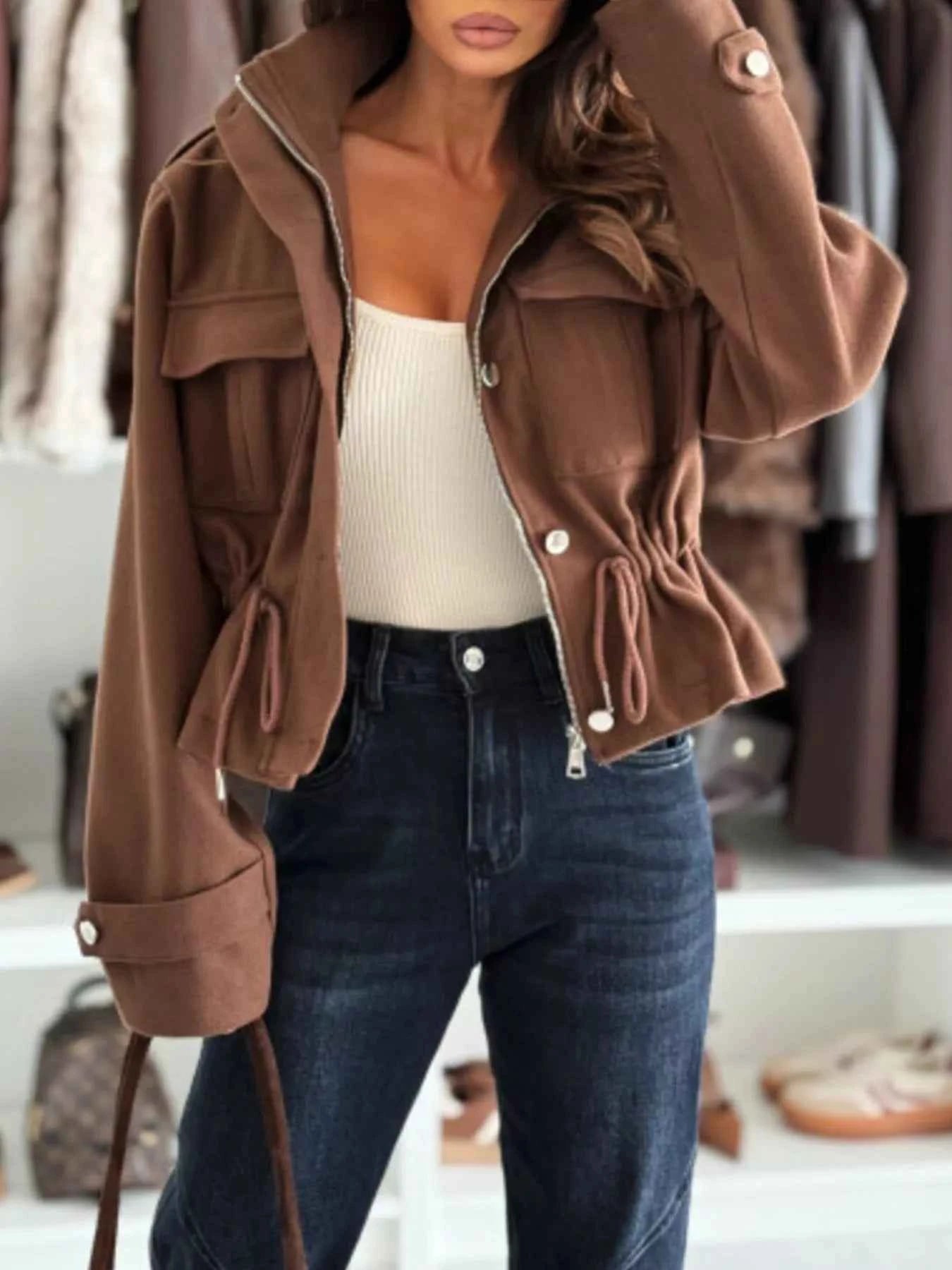 Sarah Express Women's Drawstring Button-Up Casual Jacket with Pockets Brown