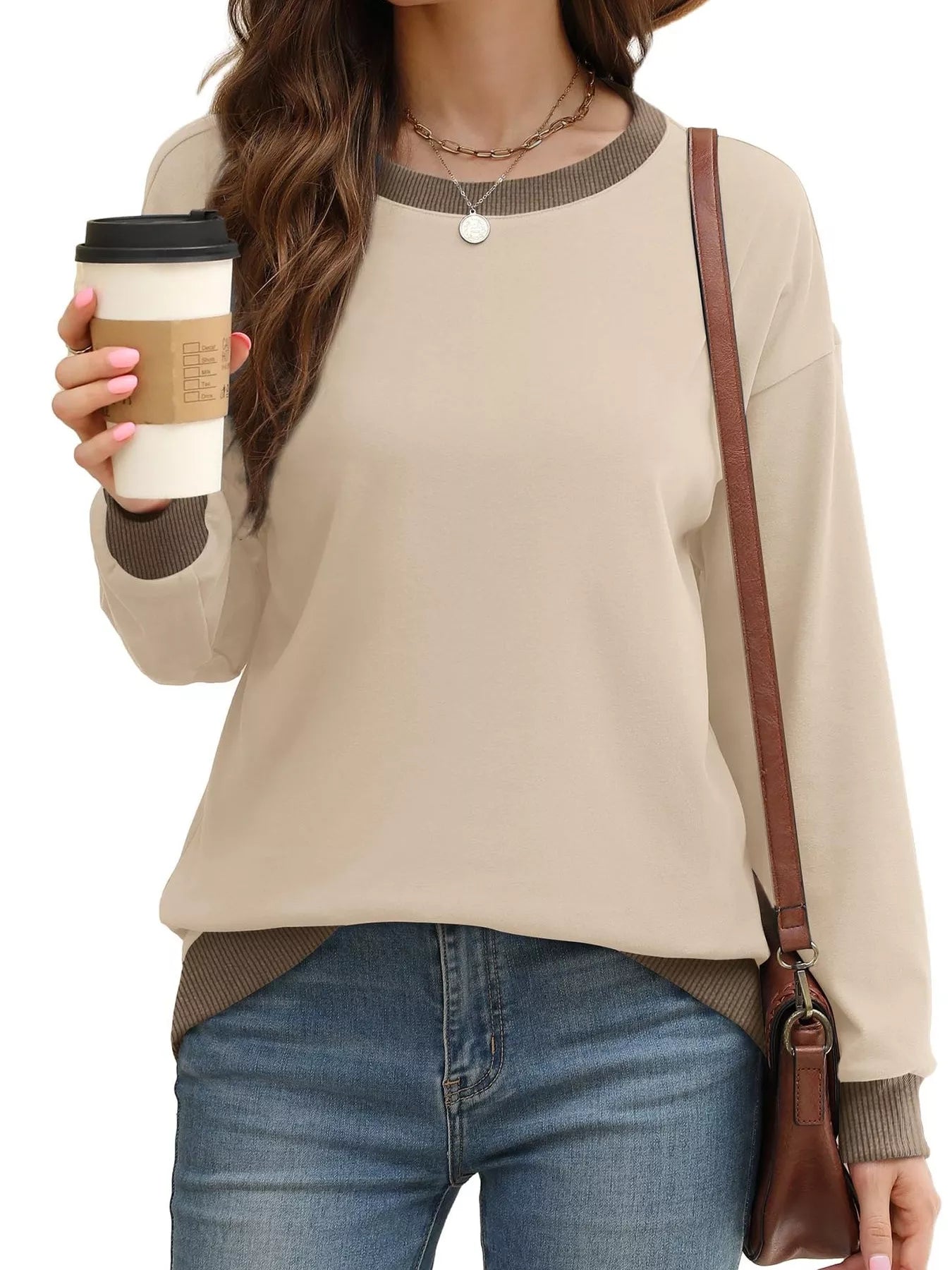 Sarah Express Women's Contrast Trim Crew Neck Casual Sweatshirt