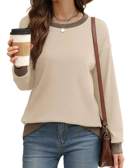 Sarah Express Women's Contrast Trim Crew Neck Casual Sweatshirt