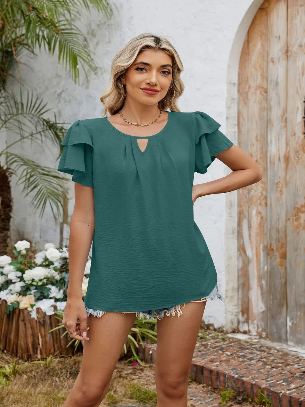 Sarah Express Women's Cutout Round Neck Short Sleeve Blouse Dark Green
