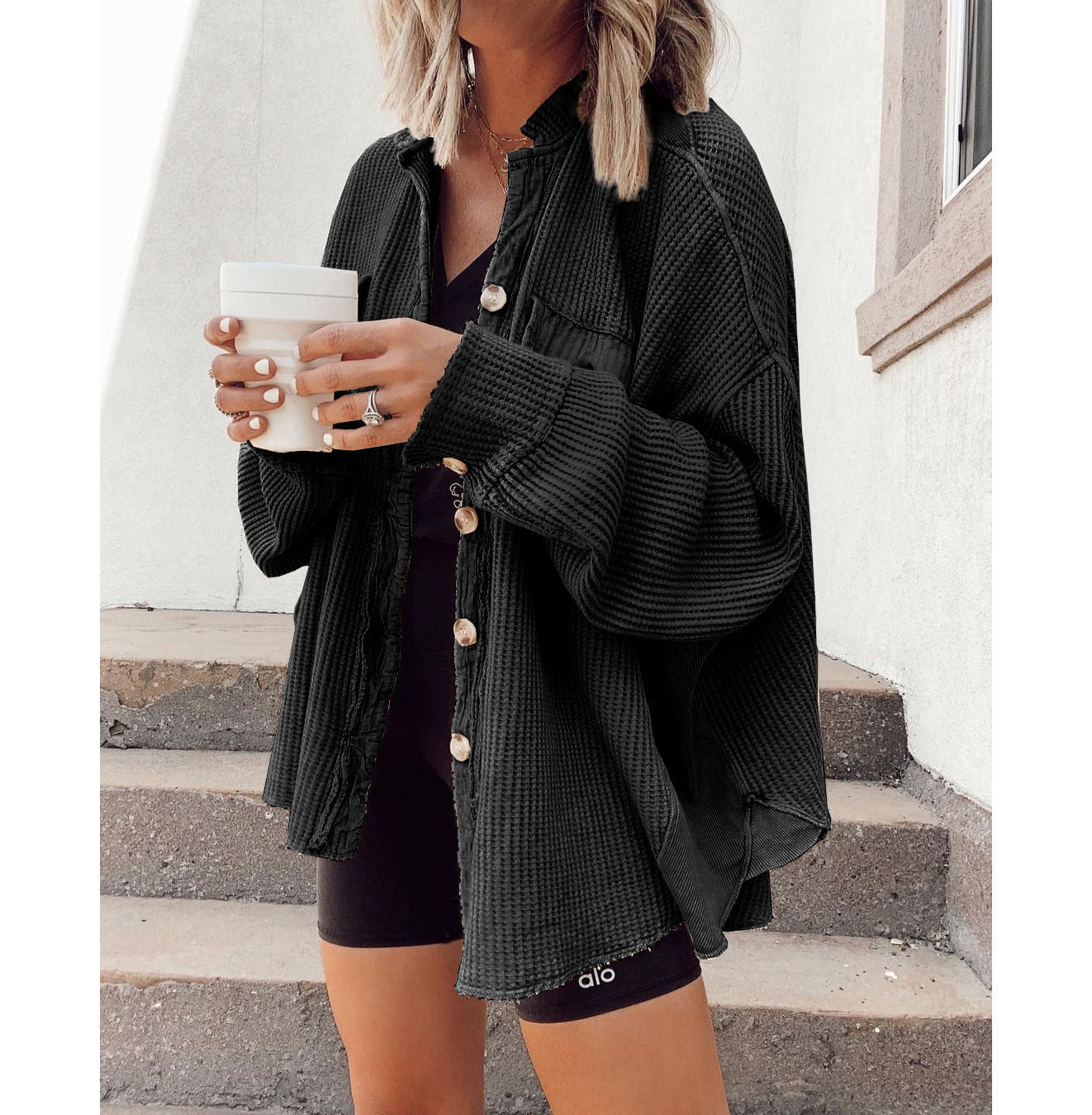 Sarah Express Patchwork Irregular Shirt Jacket Loose Fit Long Sleeve Acrylic Outerwear