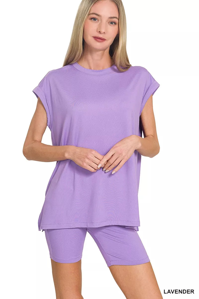 Sarah Express Women's Brushed Microfiber Top & Biker Shorts Set LAVENDER