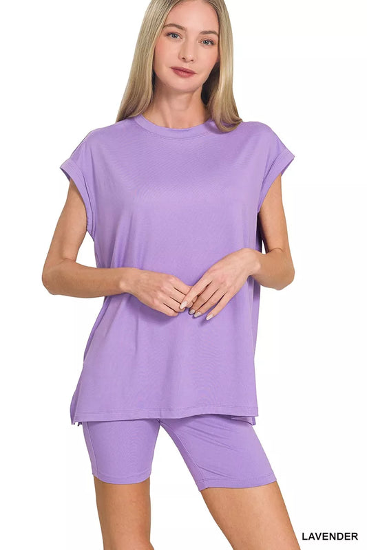 Sarah Express Women's Brushed Microfiber Top & Biker Shorts Set LAVENDER